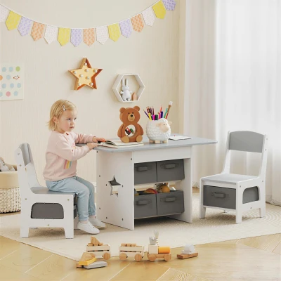 AIYAPLAY Mesa Infantil con 2 Sillas con 6 Cajones de Tela Diseño Estrellas para Niños y Niñas de 3-8 Años Gris Claro