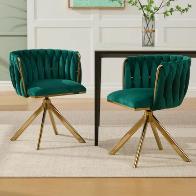 Set aus 2 Velours-Drehstühlen, 180°-Schwenkfunktion, Ergonomische Rückenunterstützung, 56 x 50 x 70 cm, Smaragdgrün