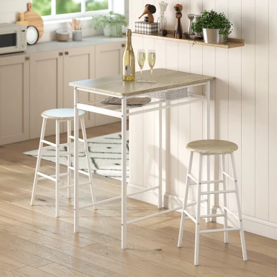 HOMCOM Ensemble table de bar avec tabourets, table à manger debout avec 2 chaises, étagère et pieds en métal, 80x50x90cm, blanc