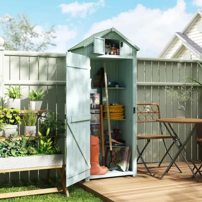 Outsunny Wooden Garden Shed with 3 Shelves, Vertical Utility Shed Outdoor Tool Storage Cabinet, 77 x 54.2 x 179cm, Blue