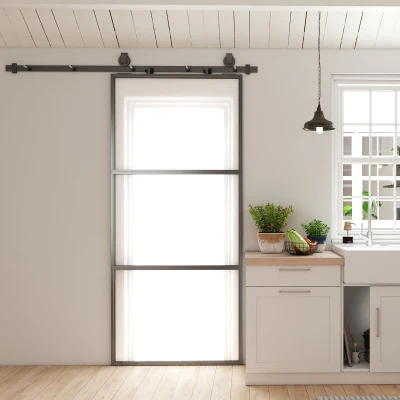 HOMCOM Porta de Correr de Vidro com Mecanismo de Fecho Suave para Casa de Banho Sala de Estar Cozinha 91,4x203,2 cm Preto