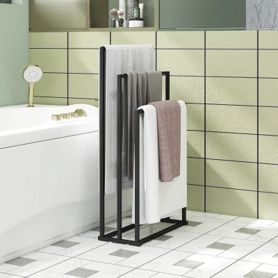 HOMCOM Portasciugamani Bagno 3 Bracci Autoportante Acciaio Nero