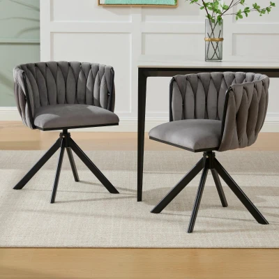 Set aus 2 Velours-Drehstühlen, 180°-Schwenkfunktion, Ergonomische Rückenunterstützung, 56 x 50 x 70 cm, Grau