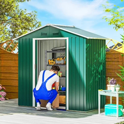 Outsunny 6.5ft x 3.5ft Garden Storage Shed, Large Metal Shed for Outdoor Storage with Double Sliding Doors and 4 Vents, Green