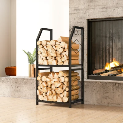 Suport de Lemne  din Oțel pe 2 Nivele cu 3 Cârlige Laterale 41x30x81cm Negru