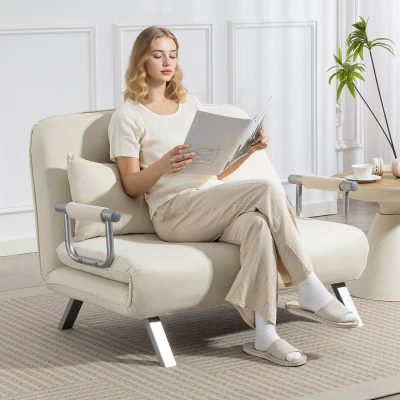 HOMCOM 2-Sitzer-Schlafsofa, 2-Sitzer-Schlafcouch mit verstellbarer Rückenlehne und 2 Kissen, Bezug in Wildlederoptik, beige