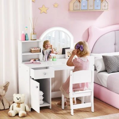 AIYAPLAY Kids Vanity Table Set with LED Mirror White
