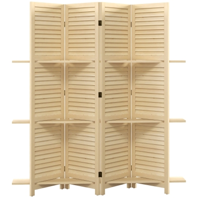 HOMCOM Biombo Interior 4 Painéis 160x170 cm 3 Prateleiras Dobráveis Portas com Persianas Natural