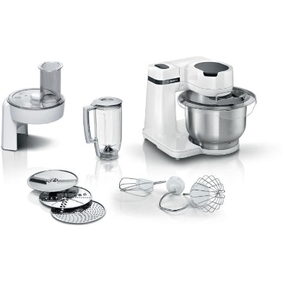 Robot multifonction compact - BOSCH MUMS2EW20 - Bol inox - 3 disques - blender 1,25L - Kit pâtisserie inclus - blanc