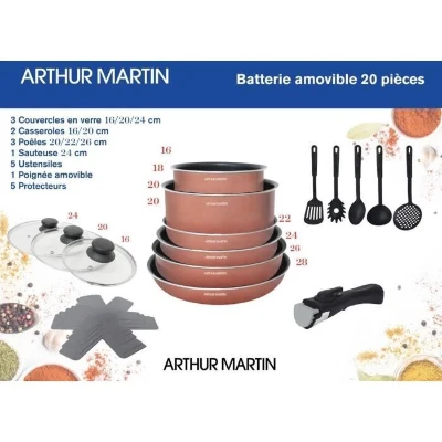 Batterie de cuisine 20 pieces Arthur Martin - aluminium - poignée amovible - tous feux dont induction