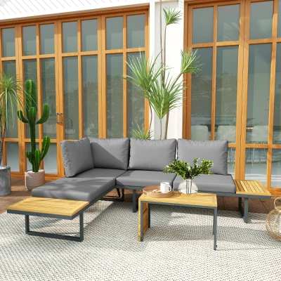 Outsunny Conjunto de Móveis de Jardim Modular em Madeira de Acácia 6 Lugares Conjunto de Jardim de Canto com Mesa Cinza