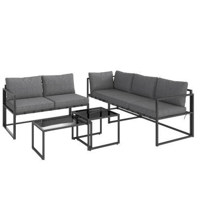 Outsunny Conjunto de Jardim Exterior de Canto 4 Peças com 2 Sofás e 2 Mesas de Centro Encaixáveis em Vidro Temperado Cinza