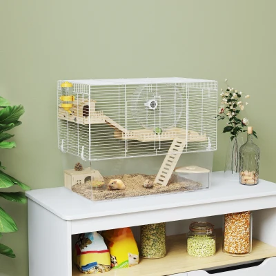 PawHut Gaiola para Hamster 3 Níveis Base Transparente Profunda e Roda Ø23,5 cm 59x35,5x47 cm Branco