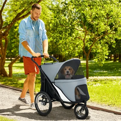 Pawhut Carrinho para Cães Dobrável com 3 Rodas Bolsa de Arrumação Almofada Macia e Trela de Segurança 101x64x93 cm Cinza