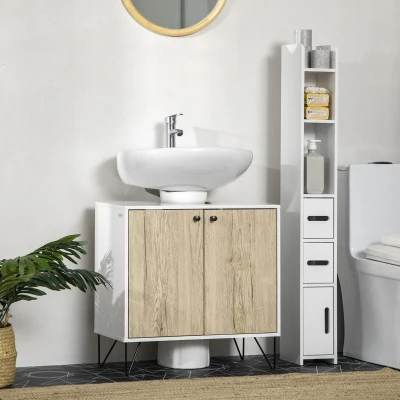 kleankin Under-sink cabinet, bathroom cabinet with 2 doors, steel legs, 60 x 30 x 60 cm, white and natural wood