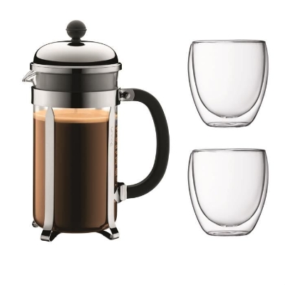 BODUM CHAMBORD Set cafetiere a piston - 8 tasses -  1L - Gris - Avec 2 verres double paroi Pavina 0,35l