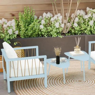 Outsunny Conjunto 2 Mesas de Centro Triangulares para Jardim Aço Patins Ajustáveis Azul-Claro