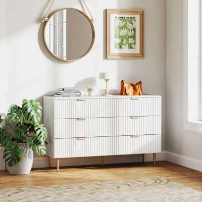 HOMCOM Cômoda 6 Gavetas Moderna com Puxadores e Pés Dourados 120x40x76,5 cm Branco