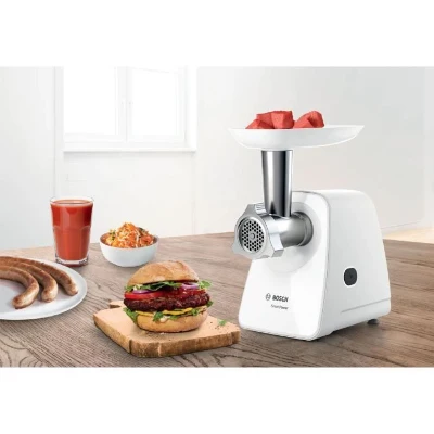 Hachoir a viande - BOSCH - MFW2510W - 2 grilles - Garnisseur de saucisses - Blanc