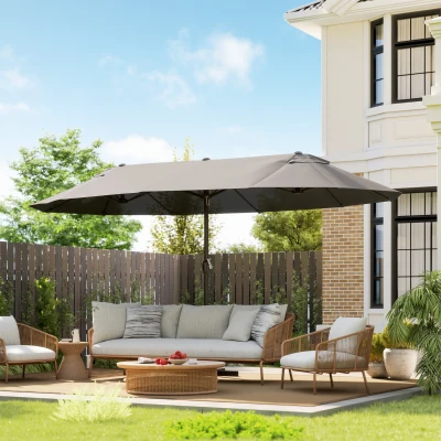 Outsunny Sombrilla Doble para Jardín 455x265x238 cm Parasol Grande con Manivela Manual Resistente al Agua Protección Solar Gris