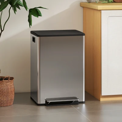 HOMCOM Balde de Lixo de Cozinha com 2 Compartimento 2x30L com Pedal Tampa com Fechamento Suave 47,5x37,5x67cm Prata