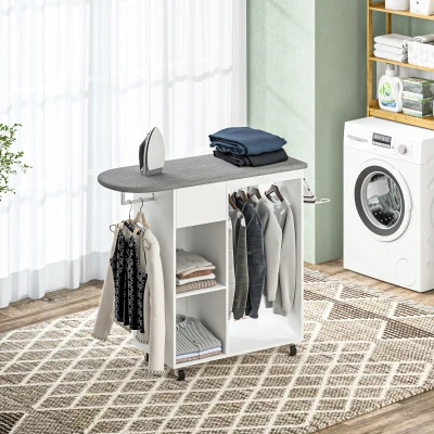 HOMCOM Estação de Engomar com Rodas Suporte para Ferro e Barra de Roupa 125x43,5x102,5 cm Branco