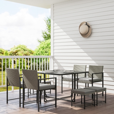 Outsunny Conjunto de Jardim Exterior em Resina Trançada 8 Lugares com Almofadas e Tampo em Vidro Temperado Cinza