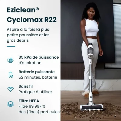 EZICLEAN Cyclomax R22 station - Aspirateur balai sans fil - 52 min - 500 W - 35 kPa - Blanc