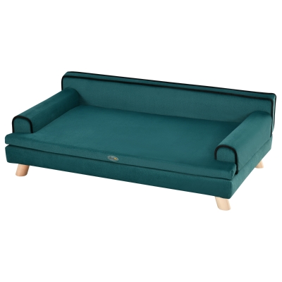 Pawhut Sofá para Cães e Gatos Escandinavo Almofada Macia Removível Pés em Madeira Maciça 100x62x32 cm Verde Azulado
