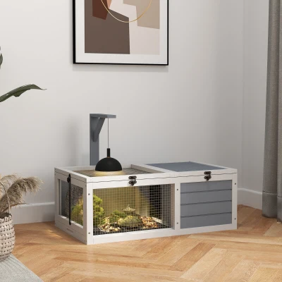 PawHut Terrario para Reptéis Casa para Tartarugas de Madeira com 2 Áreas e Suporte para Lâmpada 81x48x31,5 cm Cinza Claro
