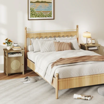 HOMCOM Conjunto 2 Mesas de Cabeceira Boémias com Rattan 40x35x55 cm Cor Madeira