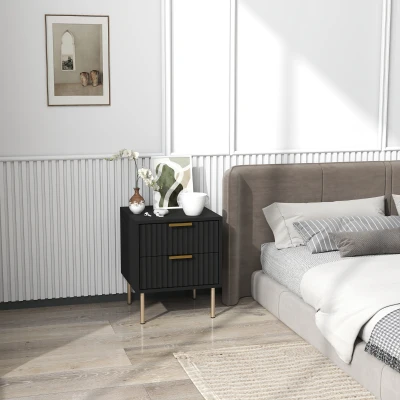 HOMCOM Mesa de Cabeceira Canelada com 2 Gavetas 40x39x48 cm Preto