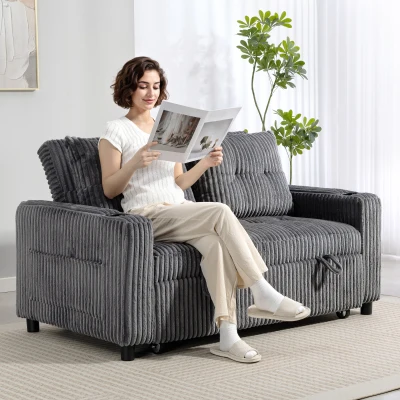 HOMCOM 2-Seater Sofa Bed Pull-Out Corduroy Charcoal Grey