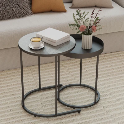 HOMCOM Round Nesting Side Table Set of 2 Grey