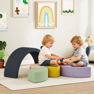 AIYAPLAY 7-teiliges Weichbauklötze-Set für Kleinkinder, Schaumstoff, waschbarer Cordbezug, verschiedene Formen, Bunt