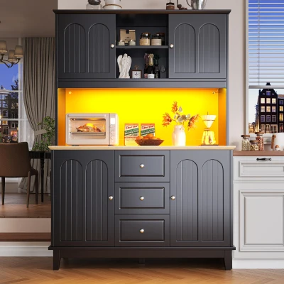 Tall Kitchen Sideboard Cabinet with App-Controlled Changing LED Lighting, Black