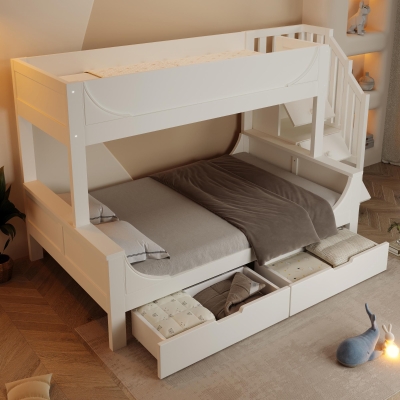 Children's Bunk Bed with Under-bed Pull-out Drawer, White