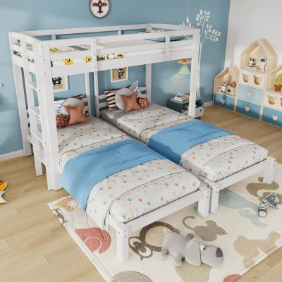 Triple Bunk Bed Space-Saving SleeperSide with Ladder and Bedside Storage, White