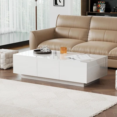 High‑gloss Coffee Table with Push‑Pull Concealed Storage, White