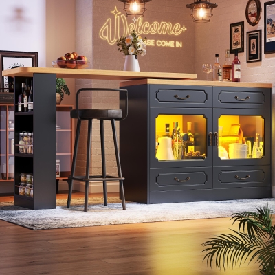 360° Rotating Bar Table with Rotatable Side and Spice Rack, Black