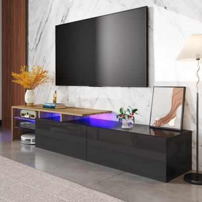 Modern TV Cabinet with LED Lighting and Storage Compartments, Black+Natural