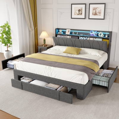 4ft6 Double Upholstered Bed with 3 Drawers, Grey