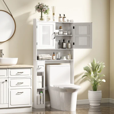 HOMCOM Estantería sobre Inodoro con Estante Ajustable 2 Puertas Soporte para Papel Higiénico y Estantes Abiertos para Baño Blanco
