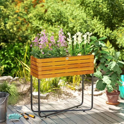 Outsunny Jardineira Elevada em Madeira de Acácia 62x22,5x61 cm com Drenagem Efeito Madeira Natural