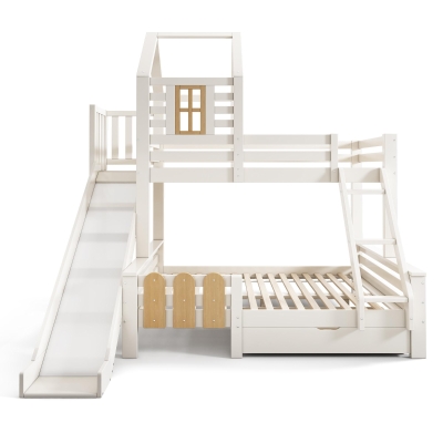 3-in-1 Cabin-style Bunk Bed with Slide and Storage Drawer, White