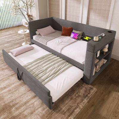 Upholstered Daybed with Pull-out Trundle and Built-in Cup Holders, 207L x 98W x 74H cm, Grey