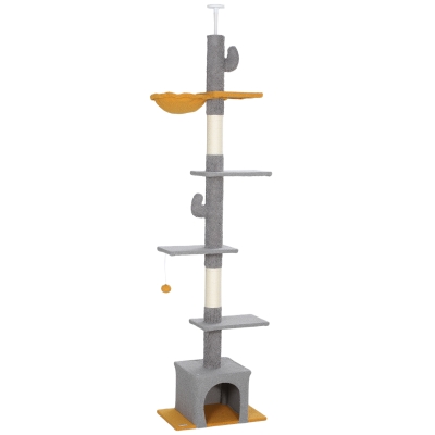 PawHut Árvore Arranhador para Gatos para Fixar ao Teto Altura Ajustável 230-275 cm com Plataformas Casa 55x34x275 cm Cinza Claro