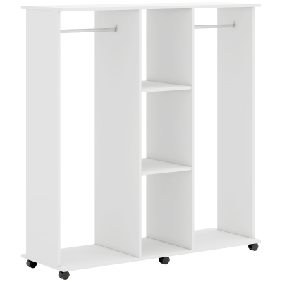 HOMCOM Guarda-Roupa Aberto 2 Varões 3 Prateleiras com 6 Rodízios 120x40x128 cm Branco