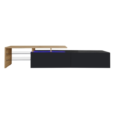 Modern TV Cabinet with LED Lighting and Storage Compartments, Black+Natural