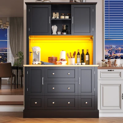 Tall Kitchen Cabinet with Open Middle Shelf and Five Drawers, Black